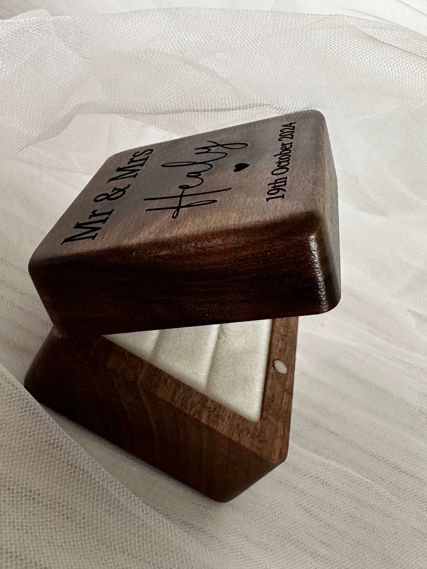 walnut, engraved, personalised double wedding ring box