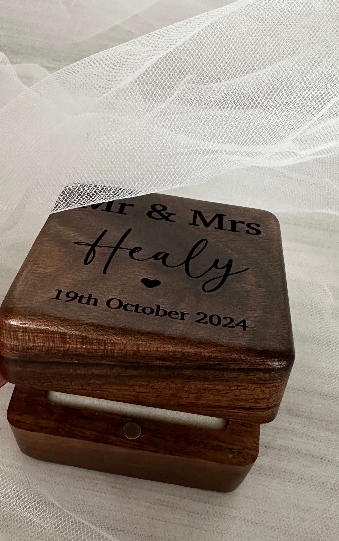 walnut, engraved, personalised double wedding ring box