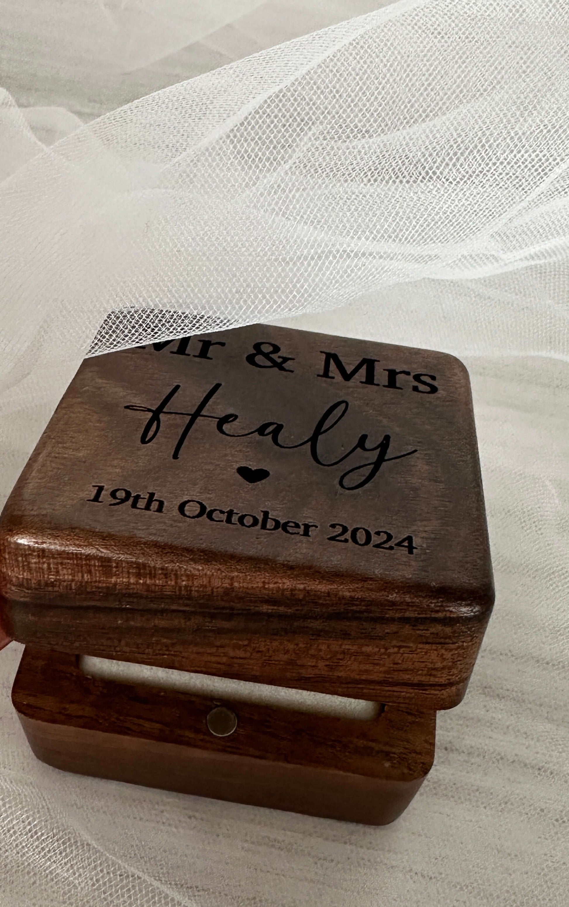 walnut, engraved, personalised double wedding ring box