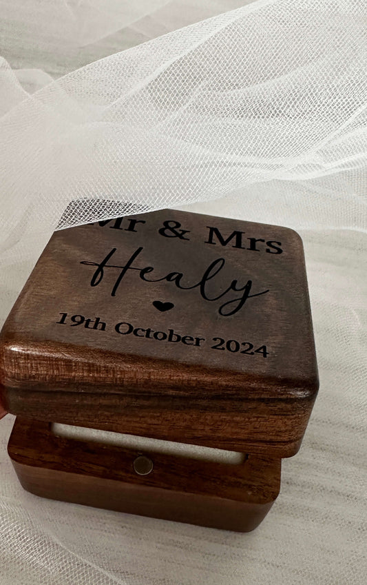 walnut, engraved, personalised double wedding ring box