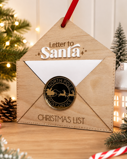 Personalised wooden Letter to Santa holder with Christmas list envelope