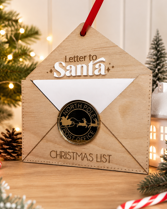 Personalised wooden Letter to Santa holder with Christmas list envelope