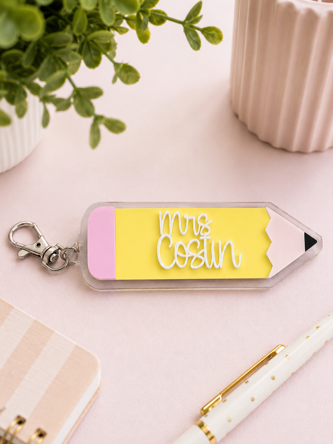 Personalised pencil shaped acrylic keyring with teacher name