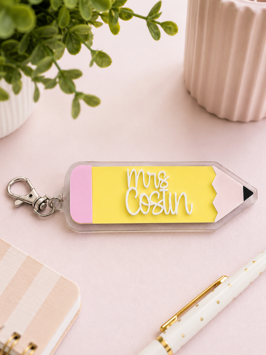 Personalised pencil shaped acrylic keyring with teacher name