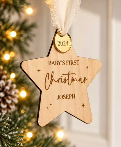 Wooden baby's first Christmas star ornament personalised with baby's name