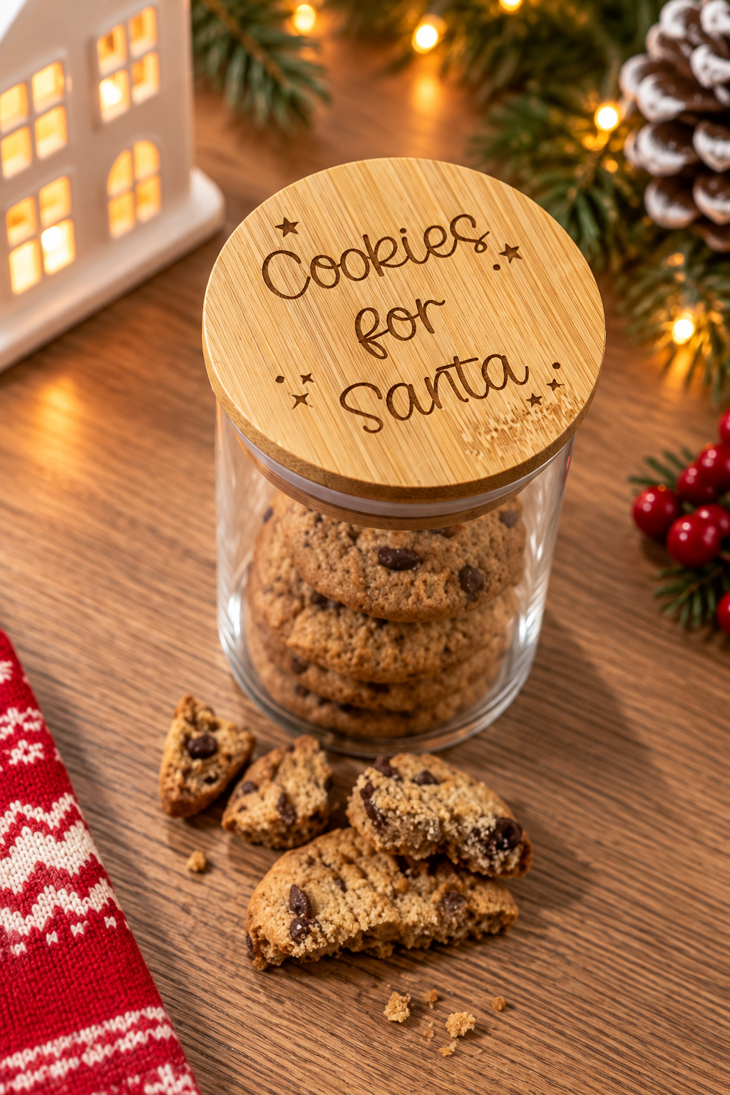 Engraved Cookies for Santa jar with bamboo lid and Christmas styling