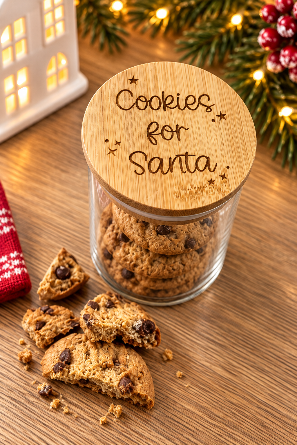 Christmas Eve Cookies for Santa glass jar with engraved wooden lid
