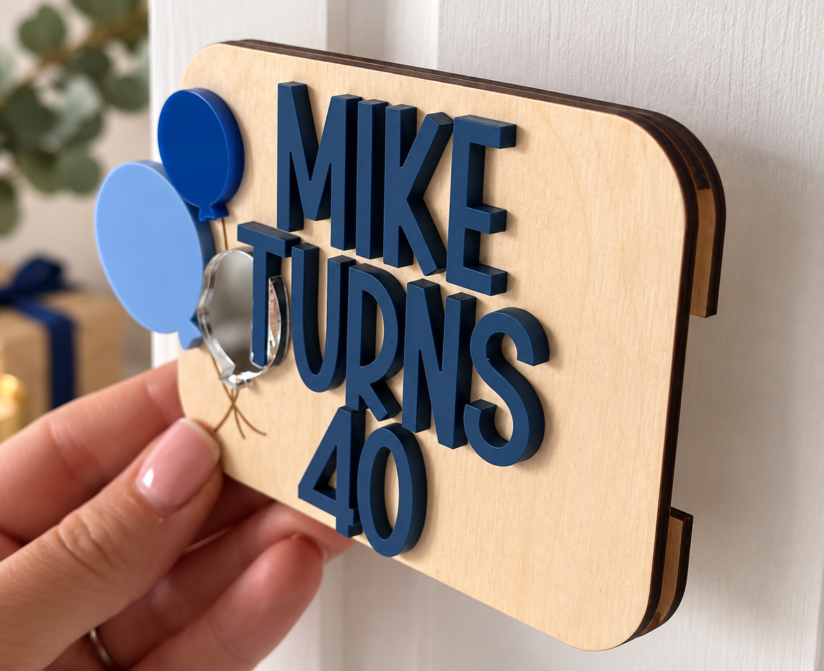 Personalised 40th birthday gift card holder with layered acrylic name and age