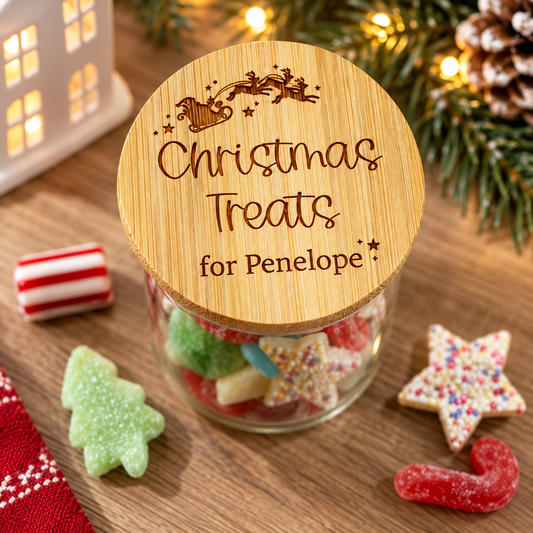 Personalised Christmas sweet jar with engraved bamboo lid for children