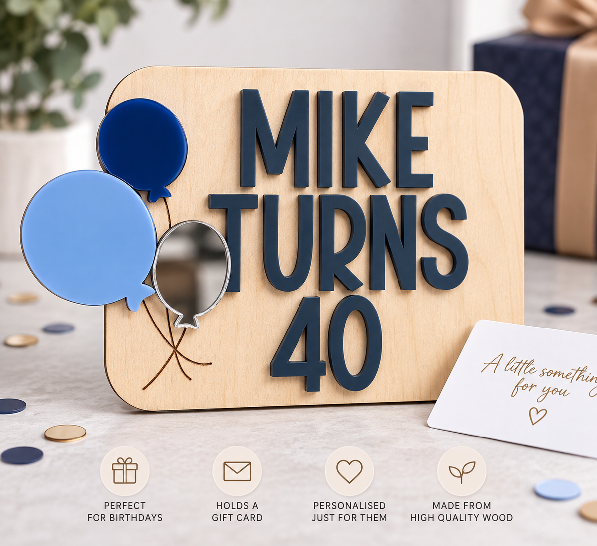 Personalised wooden milestone birthday gift card holder with blue balloons
