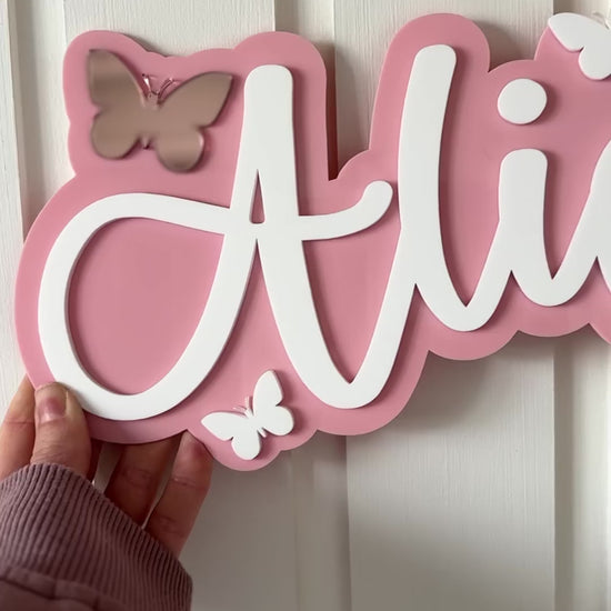Pink and white butterfly theme name sign for bedroom or bedroom door