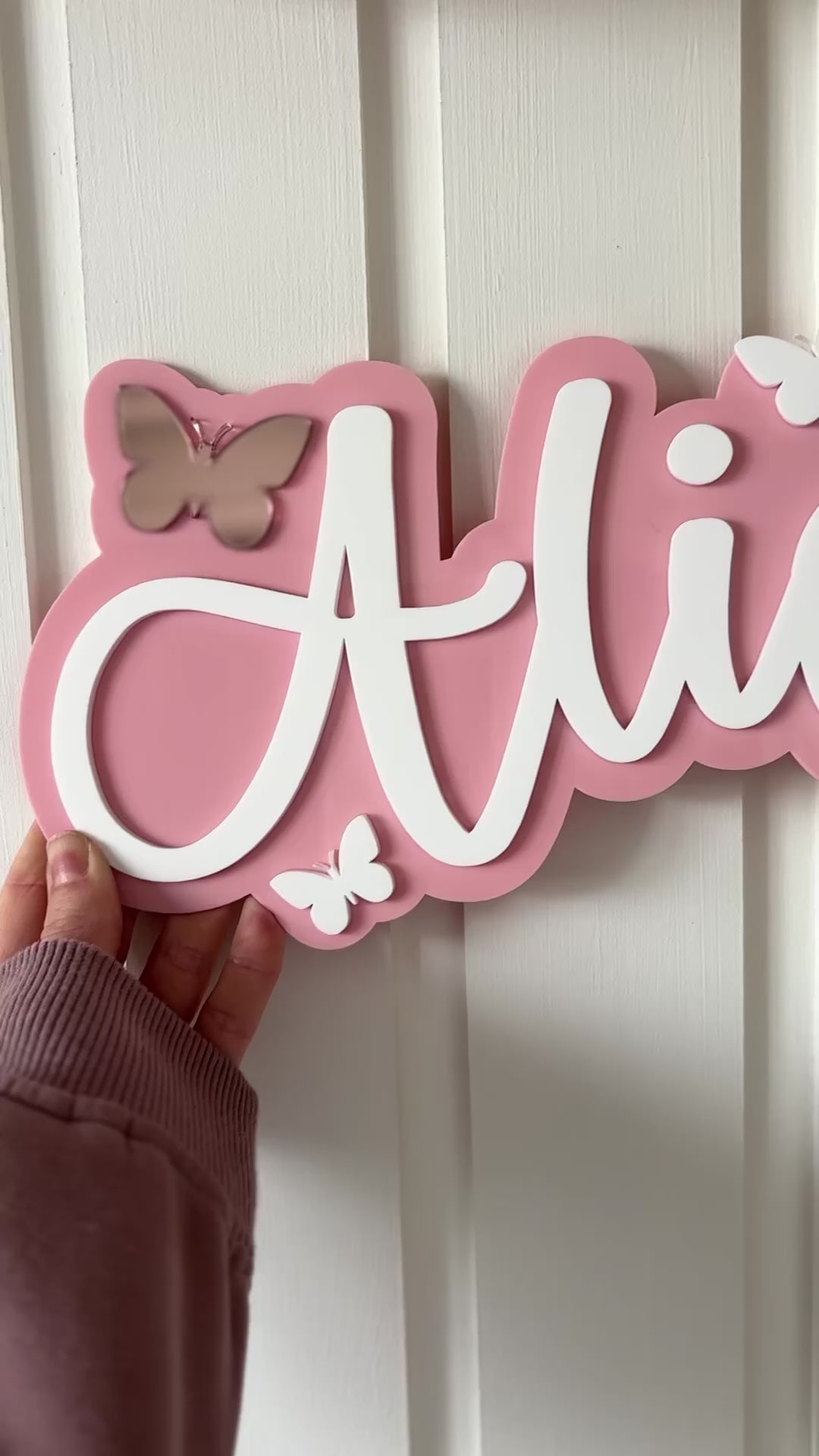 Pink and white butterfly theme name sign for bedroom or bedroom door
