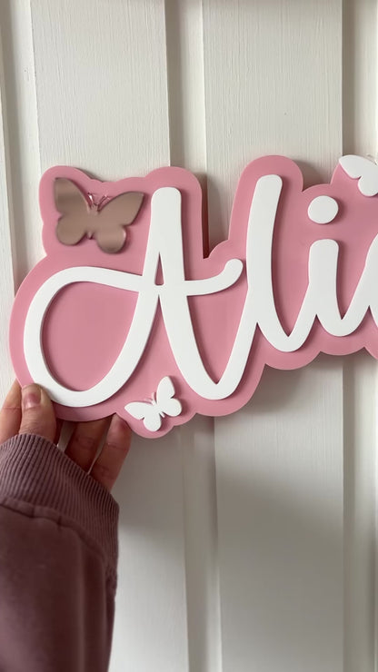 Pink and white butterfly theme name sign for bedroom or bedroom door