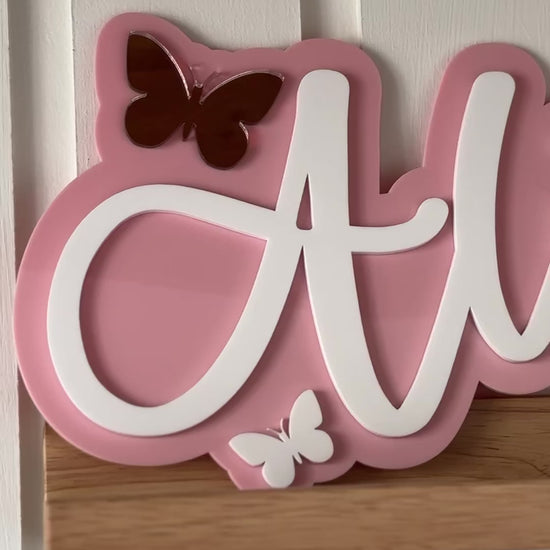 Pink and white butterfly theme name sign for bedroom or bedroom door