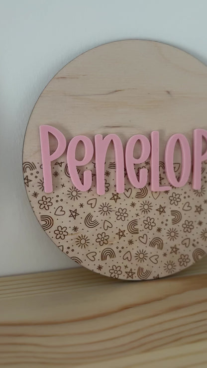 Rainbow, flowers and hearts bedroom name plaque
