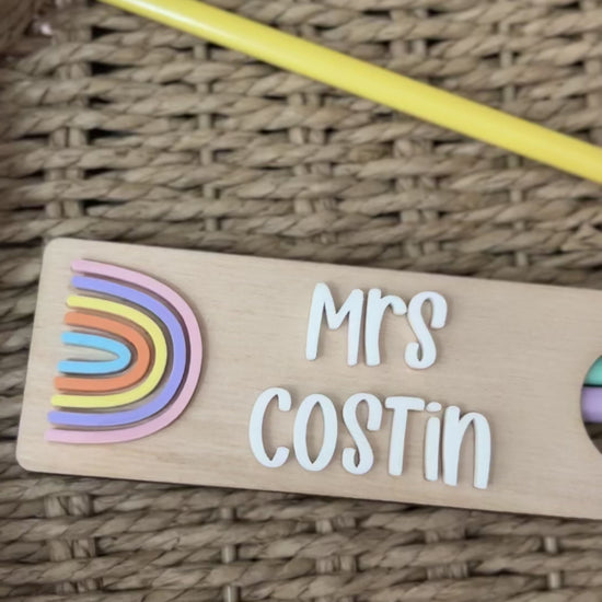 Personalised wooden pencil holder with engraved personalised pencils 