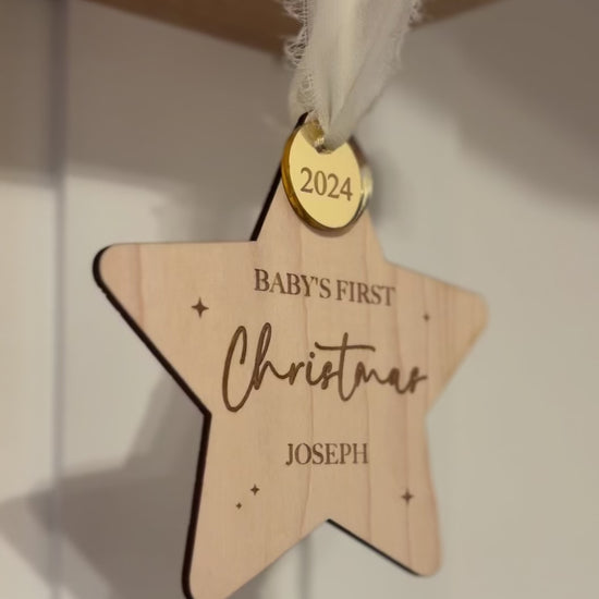 Baby's first Christmas, Christmas tree ornament. Personalised wooden star 