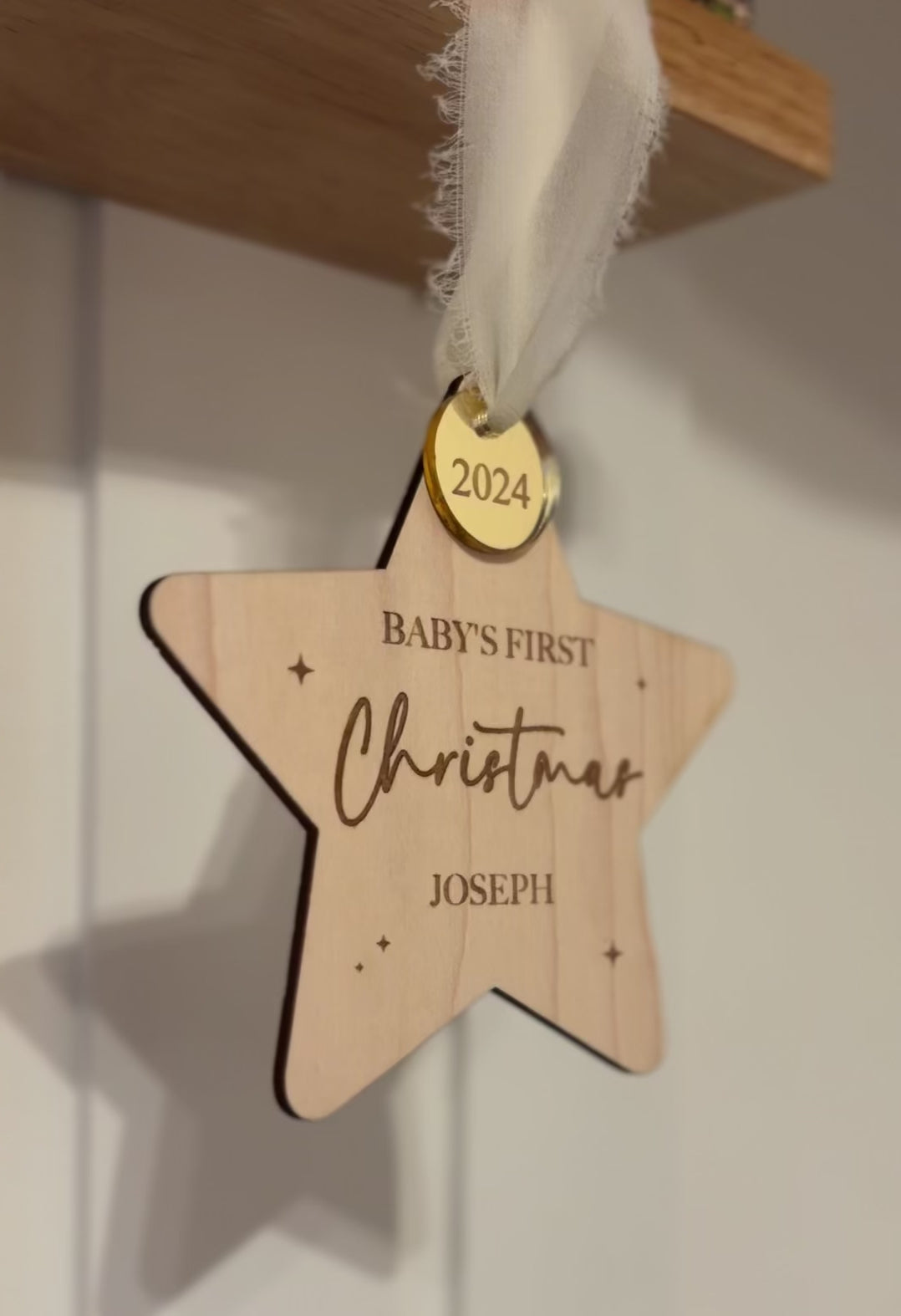 Baby's first Christmas, Christmas tree ornament. Personalised wooden star 
