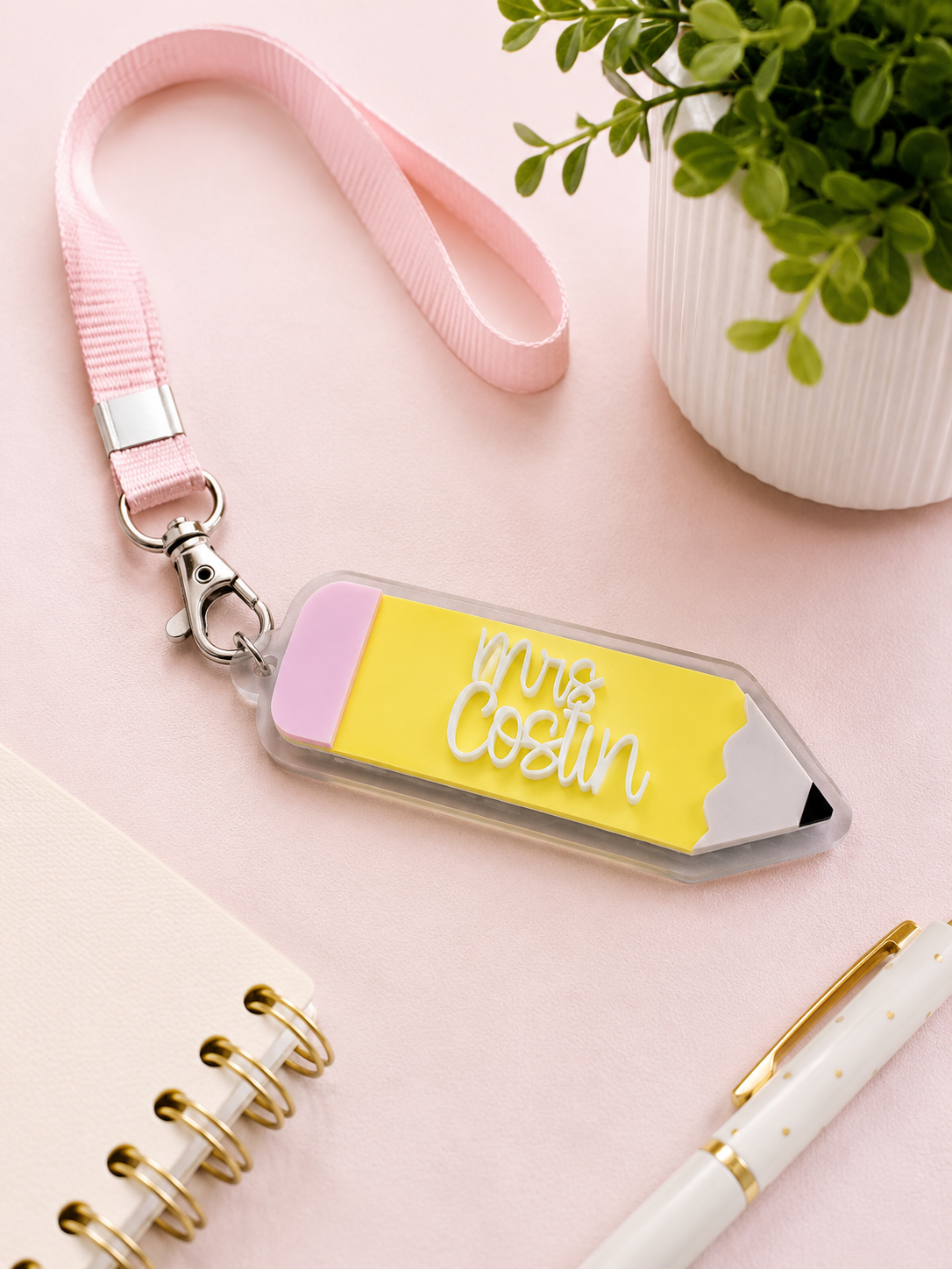 Teacher pencil keyring personalised with name on lanyard