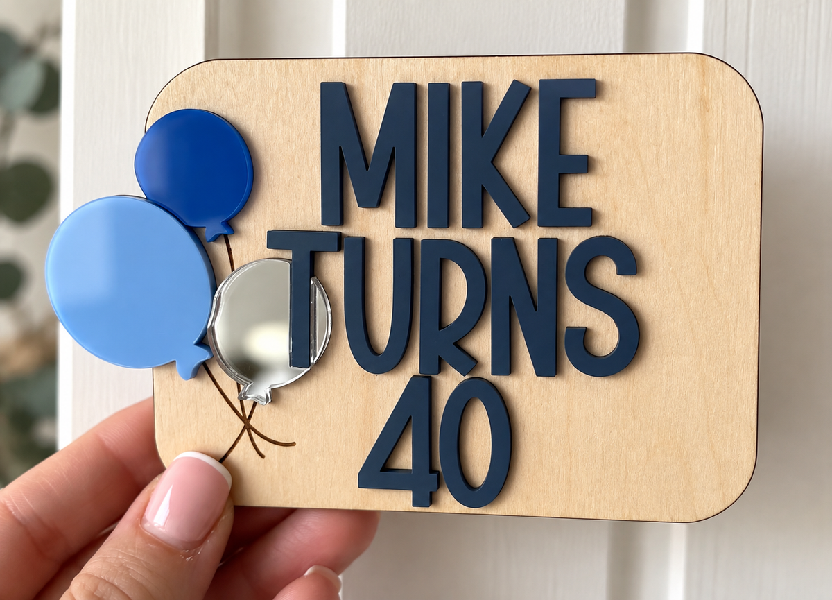 Wooden birthday gift card holder personalised with name and milestone age